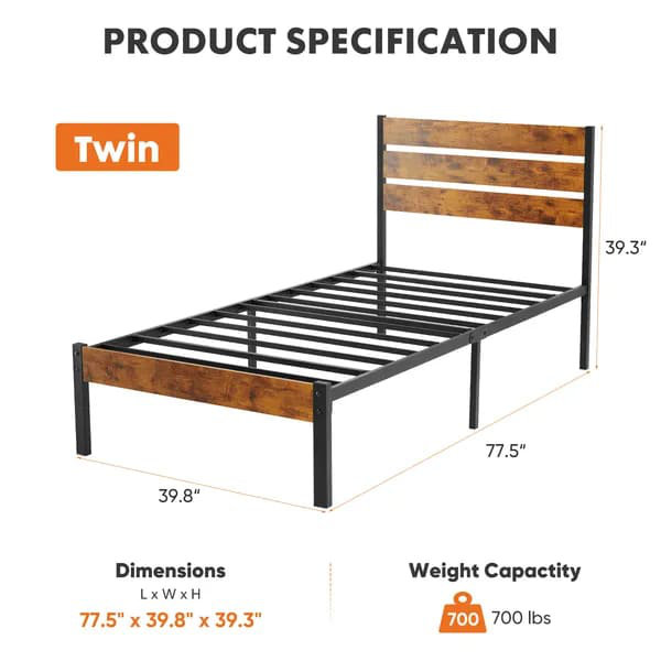 Structure de lit plateforme en métal - sommier avec tête de lit et pied de lit, aucun sommier nécessaire avec un support en lattes de bois robuste de 800 lb