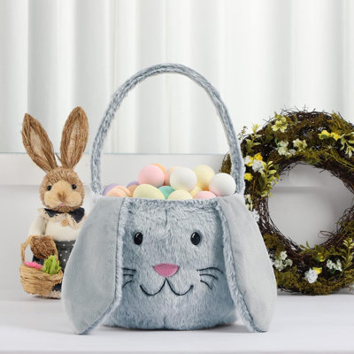 Panier de lapin de Pâques Mignon sacs de seau de Pâques avec oreilles de lapin pour la chasse aux œufs de Pâques, décorations de Pâques, rangement de cadeaux de bonbons (gris / blanc (oreille plate))