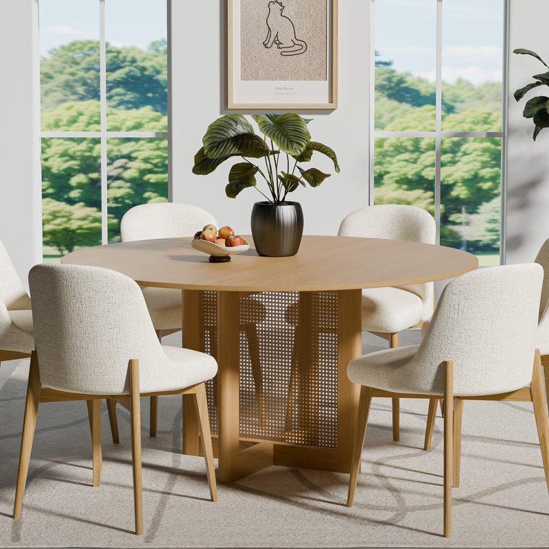 Round Wood Dining Table Chair Set, Natural, 30" H x 60" L x 60" W