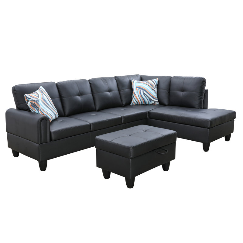 Canapé modulaire en L Vegan avec repose-pieds 3 pièces Jayzen, Orienté à droite, Similicuir noir, Noir, noir, noir, noir