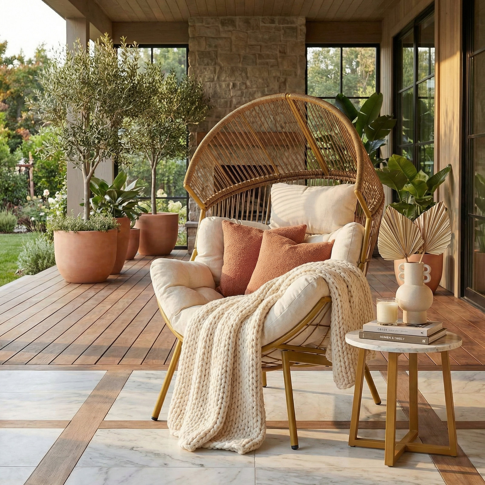 Reclining Patio Lounge Chair, Beige, Natural/Gold