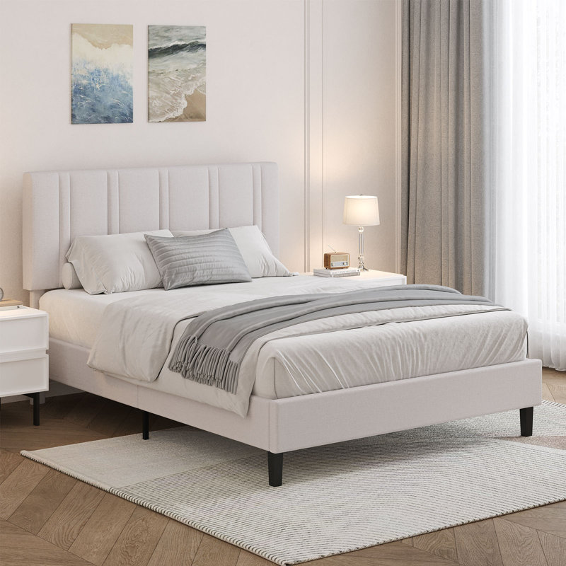 Tufted Headboard, Upholstered Platform Beds with Wooden Slats Support, Fabric Bed Frame, Cream, Queen