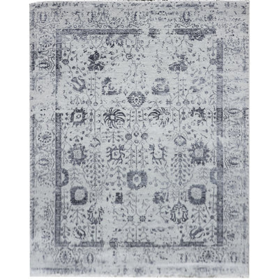 Tapis argenté et gris foncé noué à la main de haute qualité