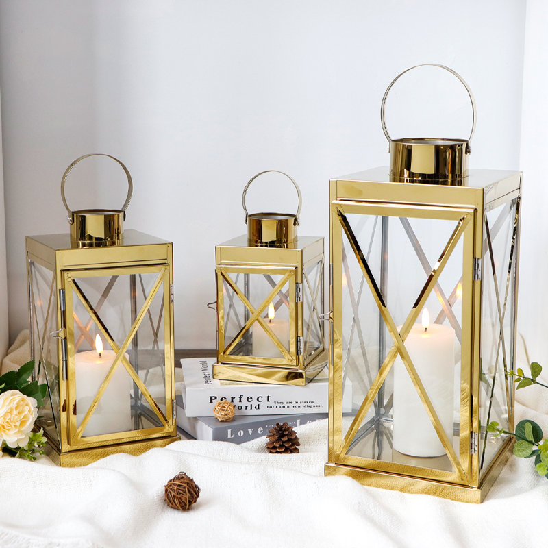 Silver Stainless Steel Lantern 3pcs-Square Elegance 8/12/16In, Gold