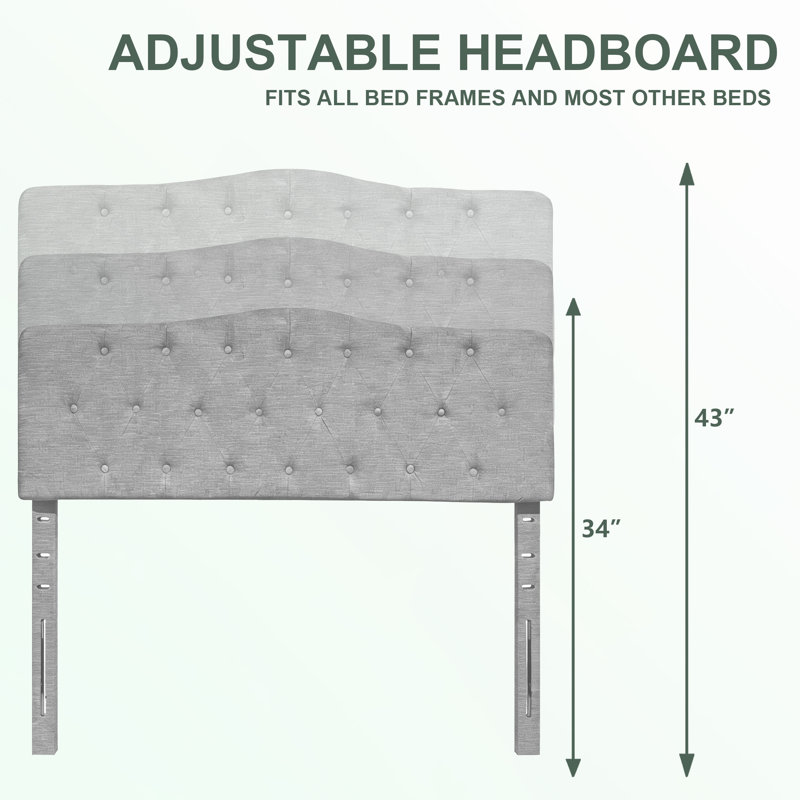 Linen Upholstered Headboard-Modern-Adjustable Height-Button Tufting, Gray, Full