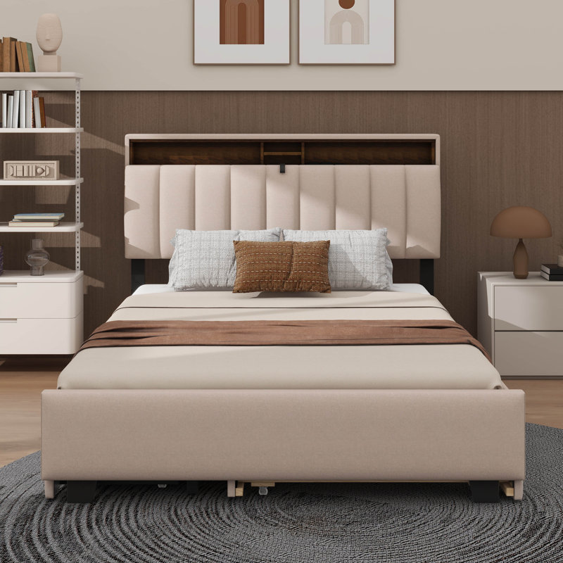 Lit plateforme rembourré avec tête de lit à rangement, Beige, Lit double
