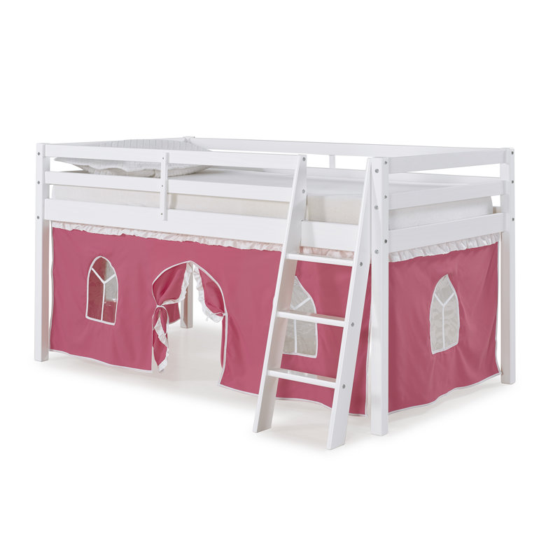 Lit mezzanine simple en bois Roxy - cadre blanc avec tente inférieure rose, Rose, Blanc