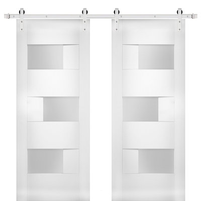 Portes de grange blanches en verre givré Sete avec trousse de quincaillerie d'installation