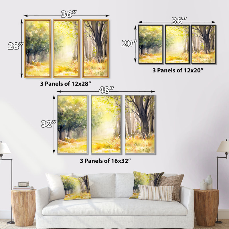 «Bright Sunshine Through The Forest Trees IV», peinture sur toile flottante 3 pièces, H 28 po x l 36 po x P 1 po, Cadre blanc