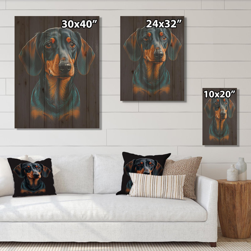 Portrait de teckel noir et brun - Reproduction d'art de chien teckel, L 24 po x H 32 po x P 1 po, Bois