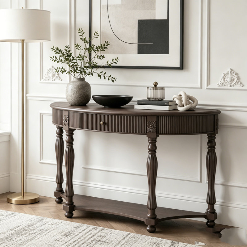 Solid Wood Half Moon Console Table with Drawer & Shelf, Deep Rustic Brown