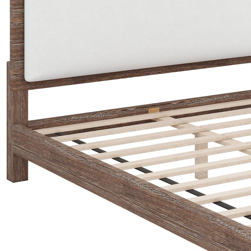 Platform Bed Frame with Headboard, Grey Frame+White Fabric