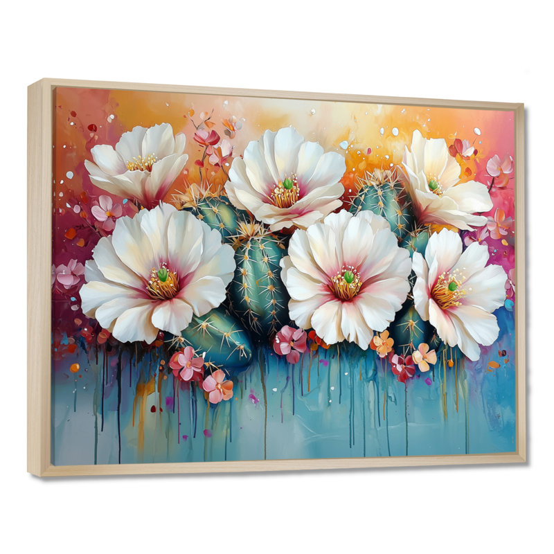 Cactus rose et blanc - Cactus, art mural, H 24 po x l 32 po, Cadre flottant, Crème, crème