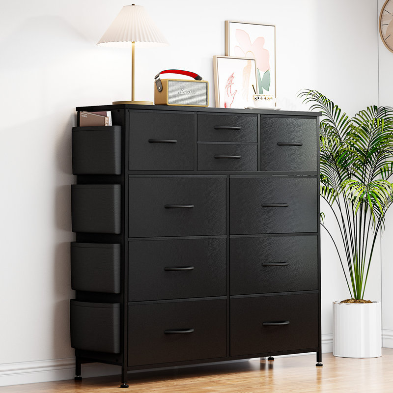 Black 10-Drawer Vertical Dresser with Side Pockets and Hooks