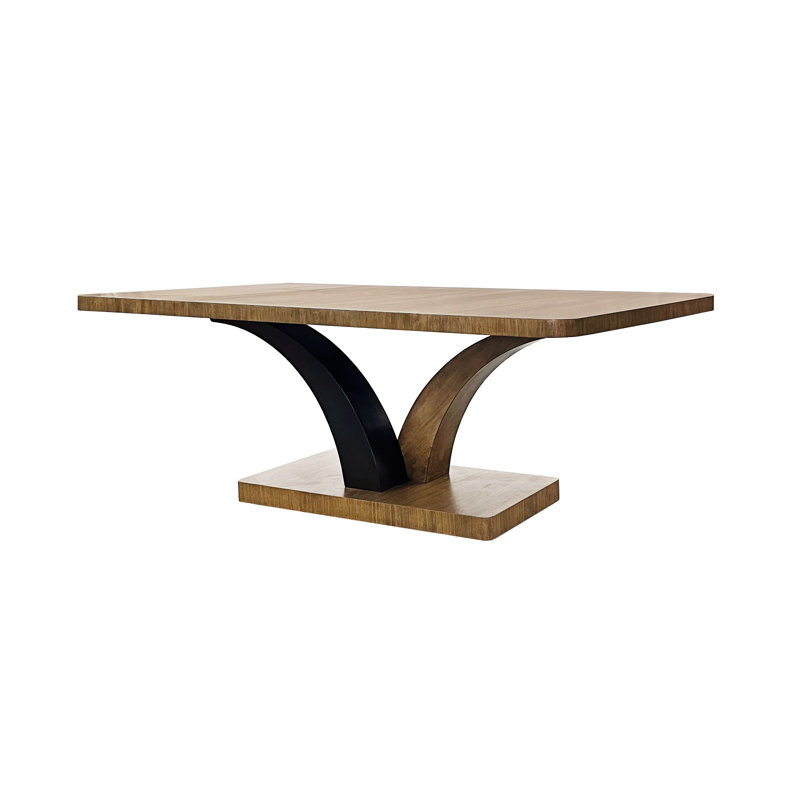 Table piédestal rectangulaire en eucalyptus avec finitions contrastantes foncées sur base à double arc, bords arrondis, bois massif brun clair +, profondeur 84 po, largeur 44 po, hauteur 30 po, chaleur naturelle sculpturale de 235 lb, couleur,