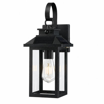 Lanterne murale solaire crépusculaire de 15,2 pouces, sans fil, pour porche extérieur, 280 lumens, en fer noir avec verre transparent et 3 panneaux solaires