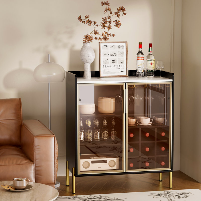 37'' Modern Coffee Bar Cabinet With Aluminum Frame Glass Door, Black