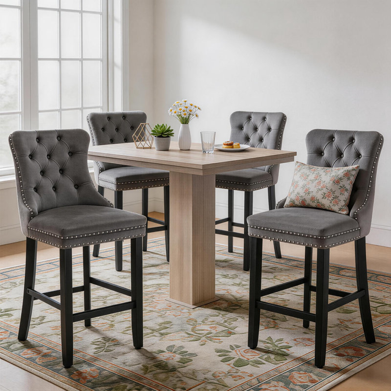 Tabouret de bar rembourré en velours avec dossier capitonné (ensemble de 4), Gris/noir