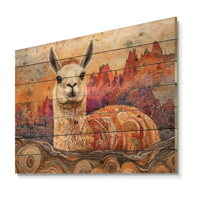 Portrait de lama à la montagne, diapositive en bois II - lama, décoration murale en bois animal - sur bois de pin naturel