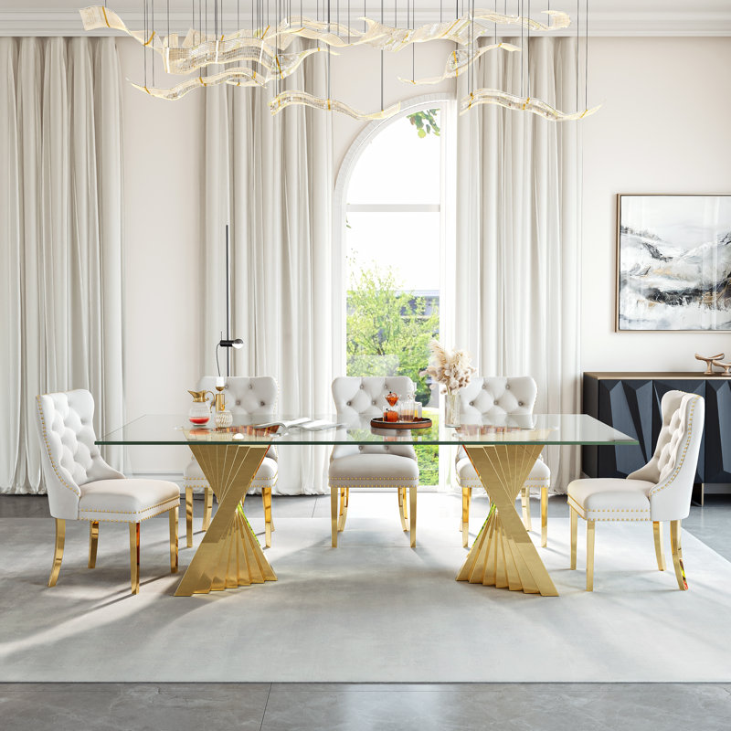 8-Person Glass Dining Set With Stainless Steel Base And Faux Leather Chairs, Gold, White/Gold