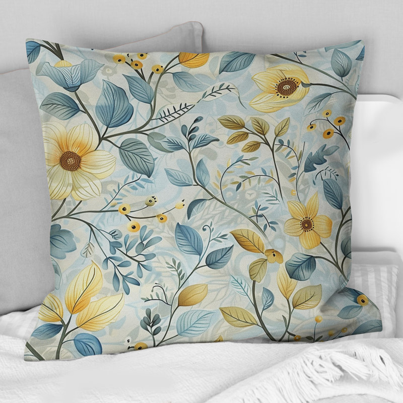 Coussin décoratif transitionnel Blue Gold Floral Gardens II, H 16 po x l 16 po
