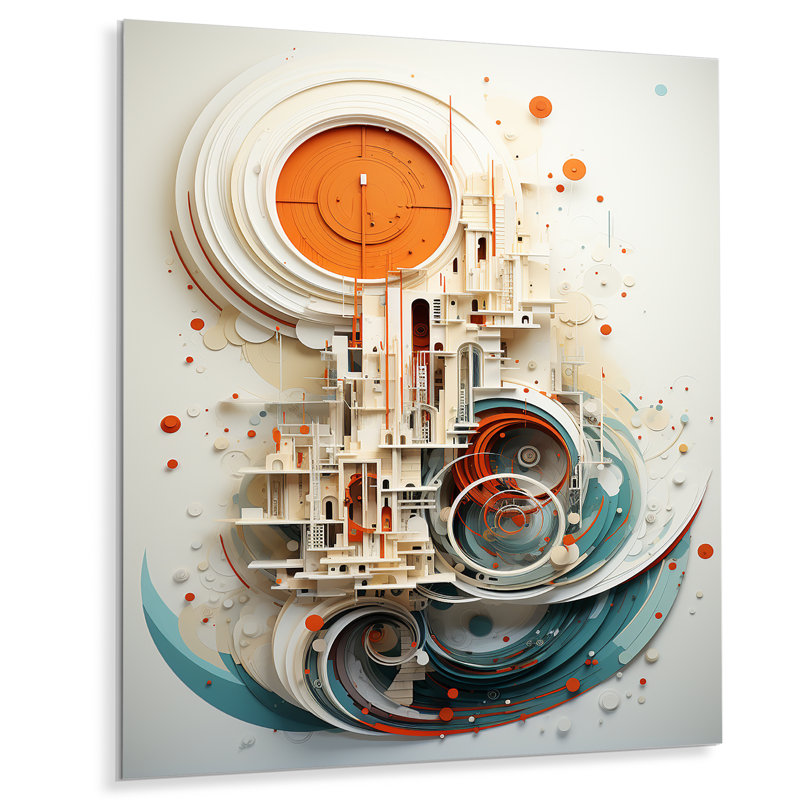 «Orange and White Spiraling Symmetry II», art mural géométrique en métal, H 20 po x l 12 po x P 1 po