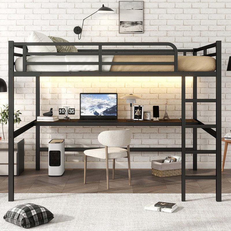 Metal Loft Bed With Power Outlet And LED Lighted, Space-Saving, Noise Reduced, Queen