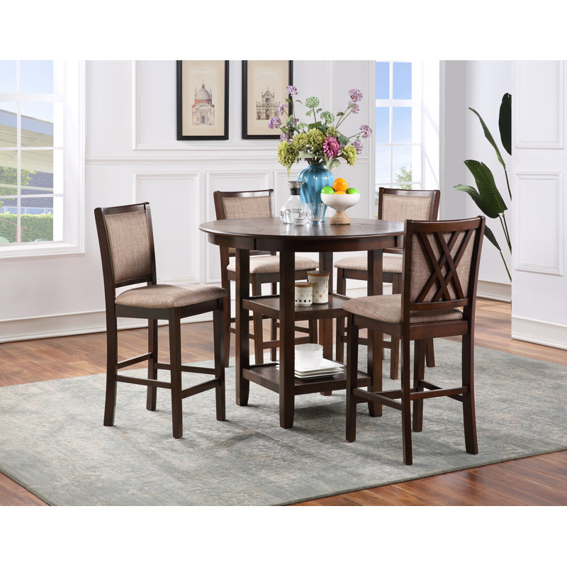 Transitional Cherry Brown 5-Piece Round Bistro Dining Set with Fabric Chairs