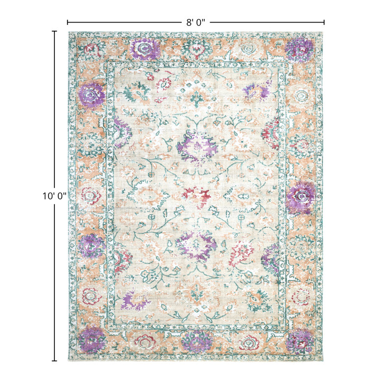 Ithica Oriental Area Rug in Beige/Pink/Green, Rectangle 8' x 10'