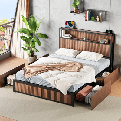 Brown Engineered Hardwood Queen Bed Frame With Steel Reinforcement, Four Storage Drawers And Socket In Headboard, For Bedroom Decor American Design, Frame, Drawers, Wood Tone,