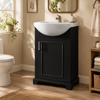 Ensemble de vanité avec lavabo en céramique, meuble-lavabo simple autoportant de style français de 50,5 cm (19,9 pouces) avec porte à fermeture douce, noir