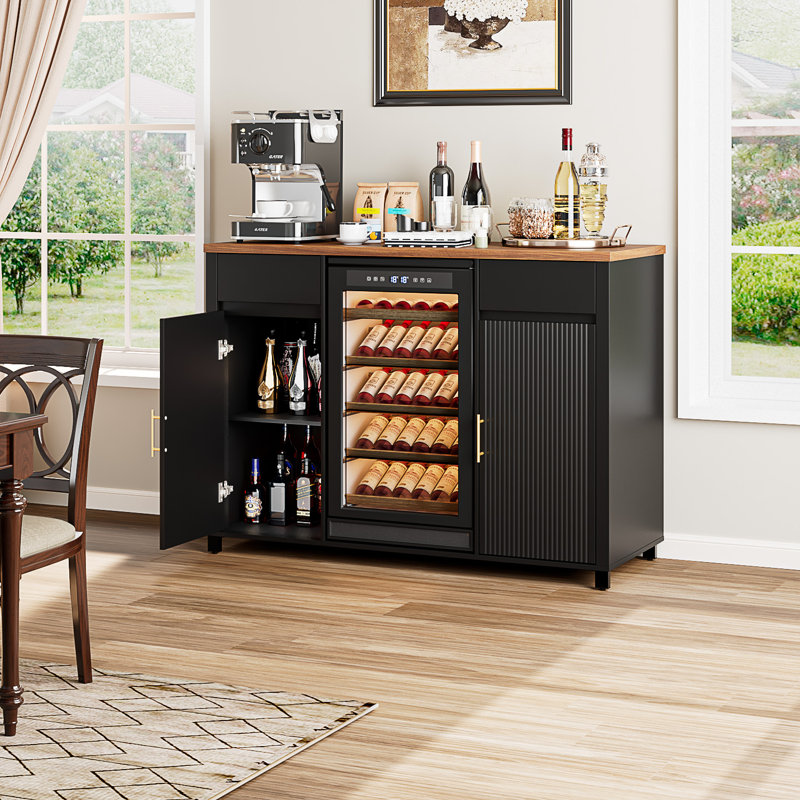 Grande armoire à café de 53,2 po de largeur avec espace pour réfrigérateur (réfrigérateur non inclus), armoires à boissons alcoolisées avec tiroir et rangement, buffet pour la maison, conception moderne cannelée