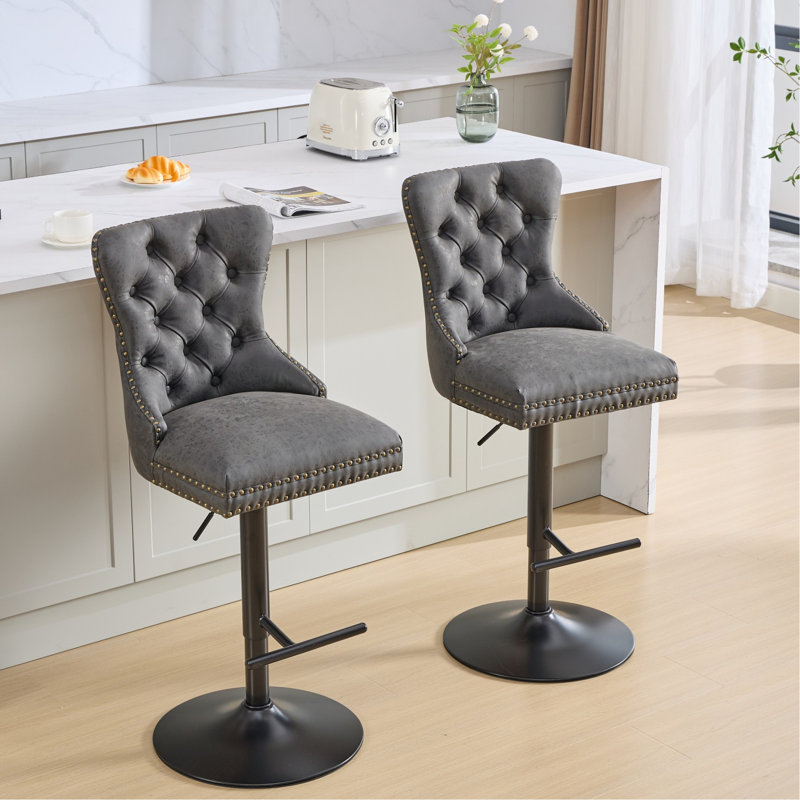 Chaises de bar réglables en cuir d'unité centrale, dossier confortable pour la maison et le pub (noir, 2 avec hauteur, Noir