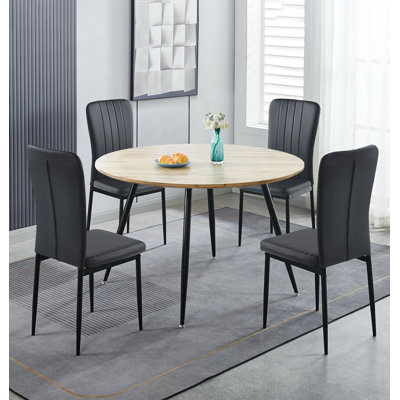Cullompton Large Round Dining Table 120Cm, Effect Top, With 4 Black Faux Leather High Back Chairs