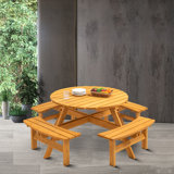 Raeis 70.05'' Outdoor Picnic Table with 4 Built-in Benches, Round Outdoor Table with Umbrella Hole , Seats Up To 8 Persons