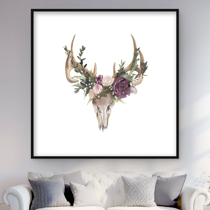 Crâne de cerf avec fleurs - imprimé floral Hygge pour la décoration intérieure, H 48 po x l 48 po
