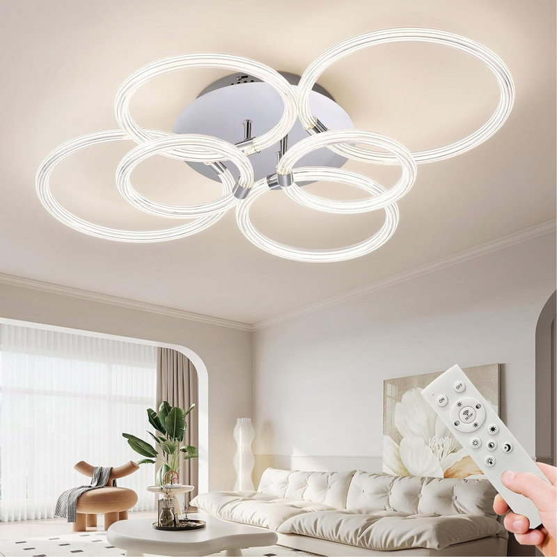 Plafonnier moderne à DEL, plafonnier encastré avec télécommande à intensité variable, plafonnier en acrylique à 6 anneaux pour chambre à coucher, salon, cuisine, lampes de bureau (6 têtes)