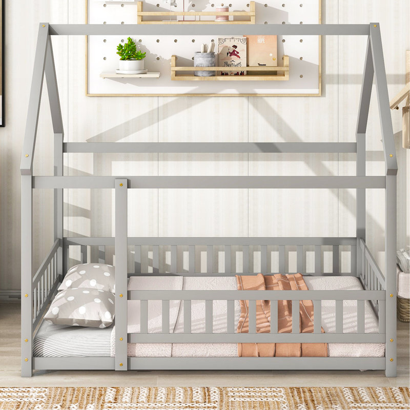 Full Size Floor Wooden Bed With House Roof Frame, Fence Guardrails ,Grey, Gray, Full