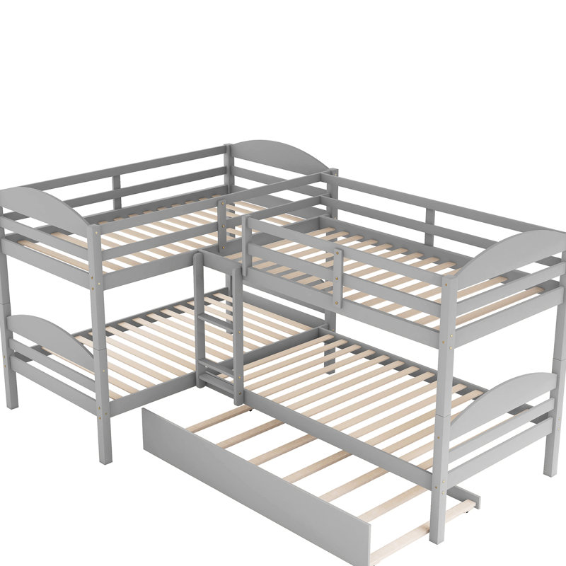 Lit simple superposé en forme de L avec lit gigogne, gris - Améliore la fonctionnalité de la chambre à coucher avec lit gigogne en bois de pin massif