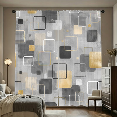 2PCS Abstract Gold Gray Square Geometric Light Filtering Rod Pocket Curtains, Minimalist Modern Block Art Print Window Drapes, Easy Install Rod Pocket, All Season Sleek Home Decor for Living Room, Bedroom, Study, Simple Luxury Window Treatments