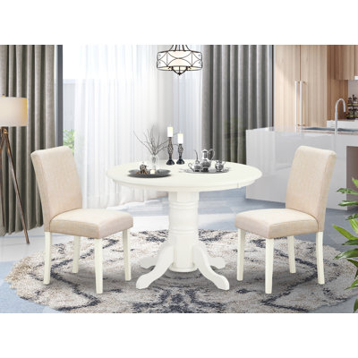 3 Piece Dining Table Set Contains a Round Dining Room Table with Pedestal and 2 Light Beige Linen Fabric Parsons Dinette Chairs, Linen White
