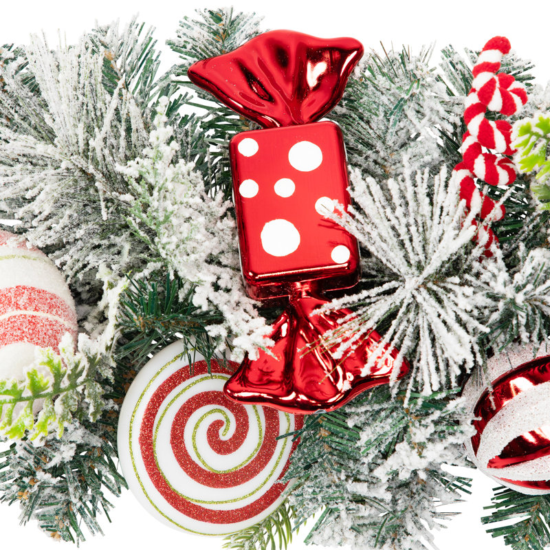 Heavily Flocked Pine With Candy Cane Striped Bows Artificial Christmas Garland - 6' X 8" - Unlit