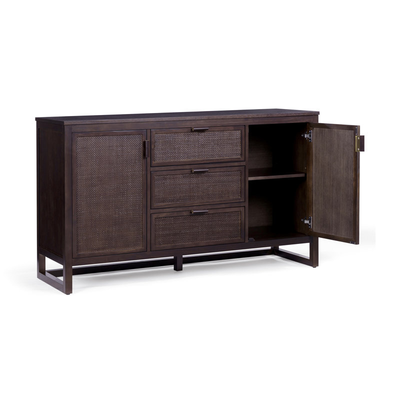 Ameer Modern Boho Solid Wood Sideboard Storage Cabinet with 3 Rattan Drawers & 2 Doors, Adjustable Shelves, Black
