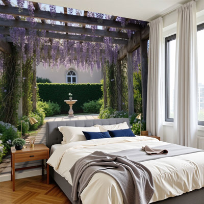 Peel and Stick Wallpaper Wisteria Garden Pathway Stone Fountain Greenery Wall Murals 100"H x 144"W Removable PVC Wall Paper Self-Adhesive Wall Decor for Nursery Bedroom Living Room Home Office