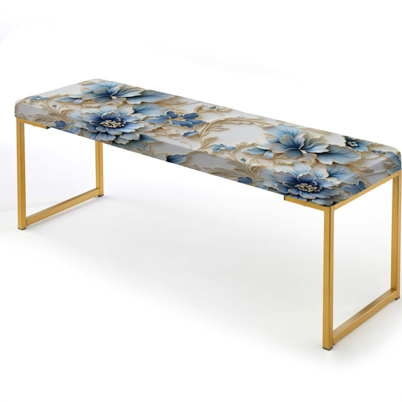 White And Blue Damask Facade Splendor - Floral Upholstered Gold Bench