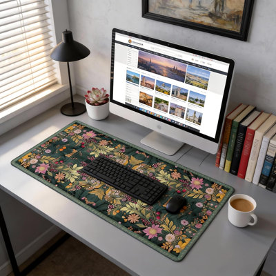 Floral Aesthetic Wildflower Gaming Mouse Pad, Forest Green Rug Desk Mat with Anti-Slip Base & Stitched Edges,31.5" x 15.7" in Desk Accessories for Women, Home Office Decor & Artistic Gift