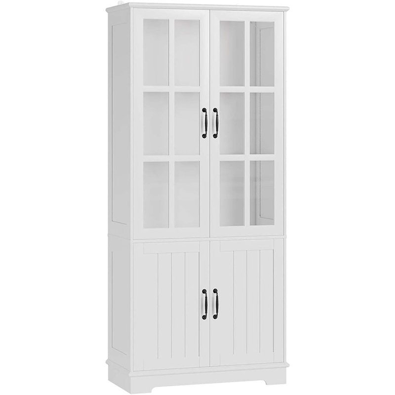 Grande armoire de rangement moderne de 71 po avec portes en verre et lumières DEL, grande vitrine avec tablettes à 5 niveaux, mobilier d'appoint pour bureau / salon, salle à manger, bureau personnel, 4 portes blanches