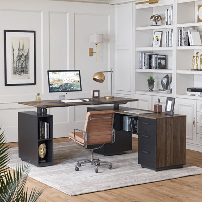 63" L Shaped Office Electric Standing Desk with File Cabinet and Storage Shelves