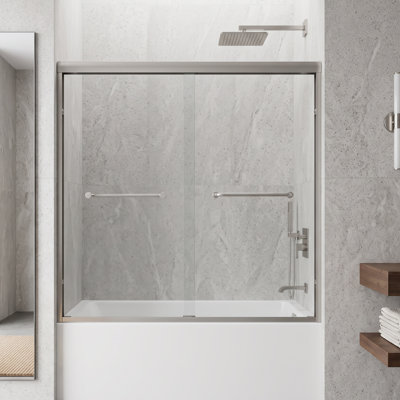 56‑60"W x 60" H Double Sliding Shower Door, Aluminium Frame, Brushed Nickel Finish, 8mm Tempered Glass, Stainless Steel Handle, SCGG Certified Bathroom Shower Enclosure