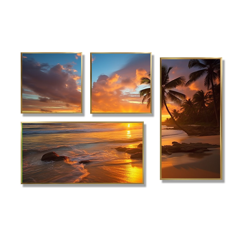 Photo de plage coucher de soleil Serenade douzième - art mural côtier jaune 4 panneaux, Doré
